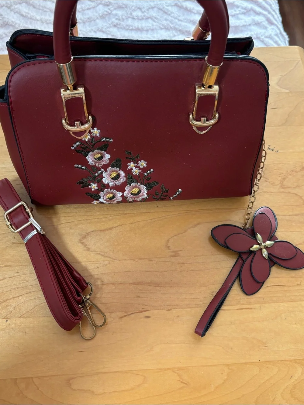 Embroidered Floral Burgundy Satchel with Gold Hardware